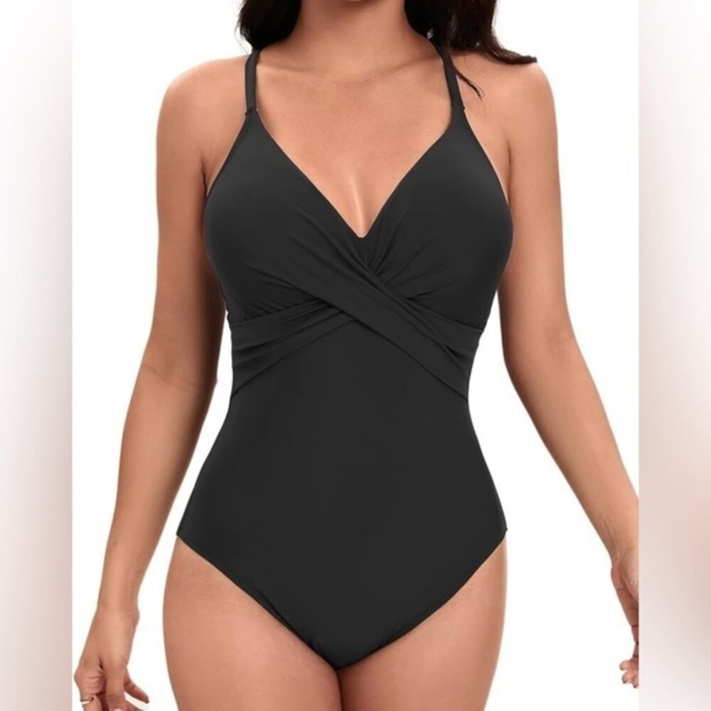 Elegant Black One Piece Swimsuit with V-Neckline